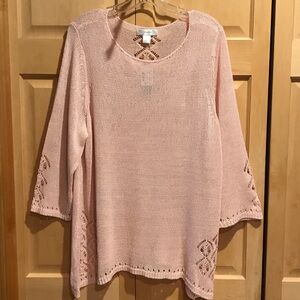 CJ Banks Light Pink Crochet-Trim Scoop Neck Sweater